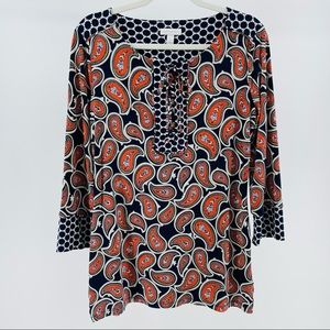 Charter Club Stretchy Knit Paisley Print Tunic Top, Navy & Coral